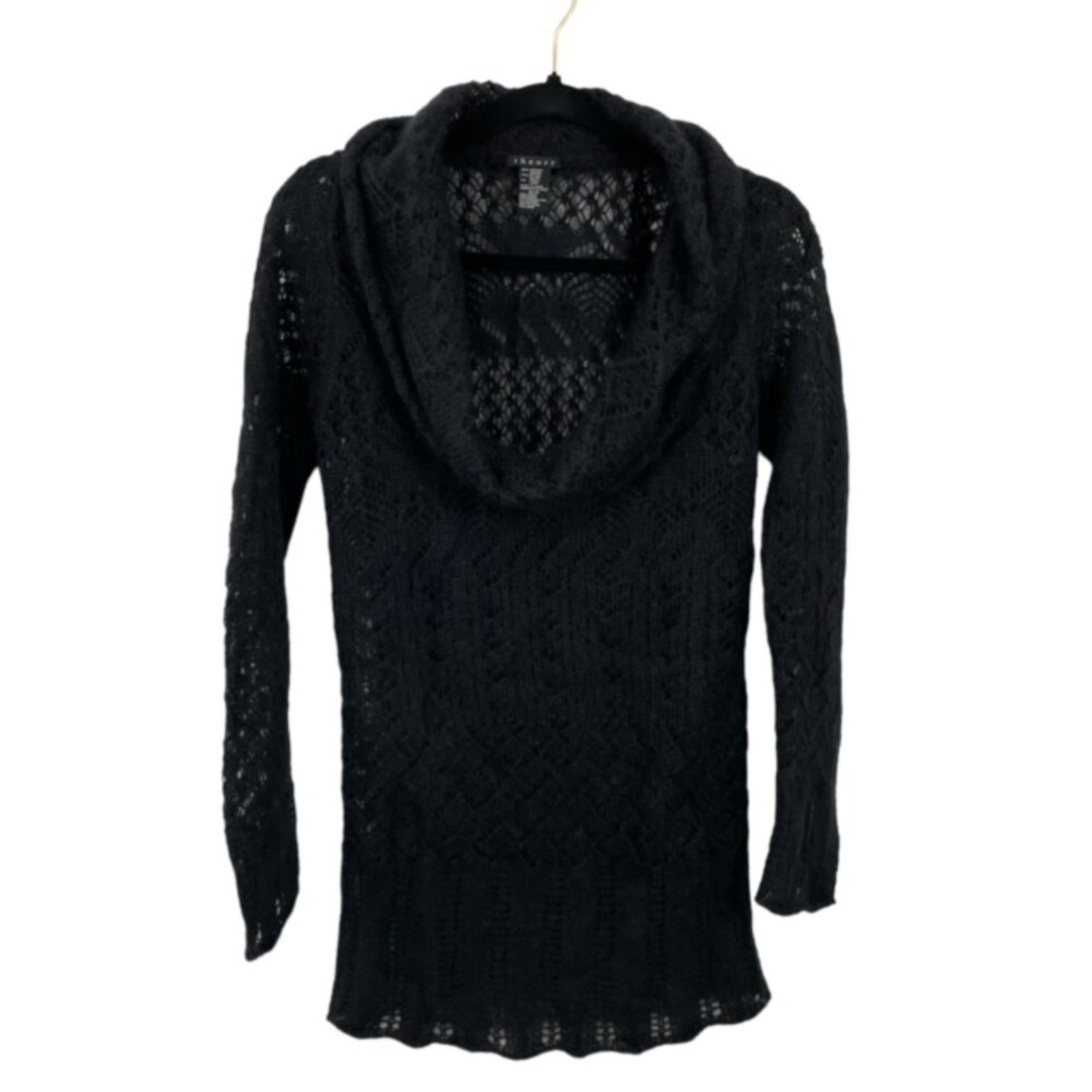 Theory Black Mohair Wool‎ Blend Long Sleeve Open Knit Cowl Neck Tunic Sweater M